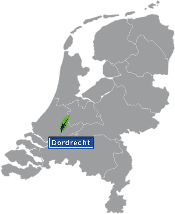 Grijze kaart van Nederland met Dordrecht aangegeven voor maatwerk taalcursus Spaans zakelijk - blauw plaatsnaambord met witte letters en Dagnall veer - transparante achtergrond - 600 * 733 pixels